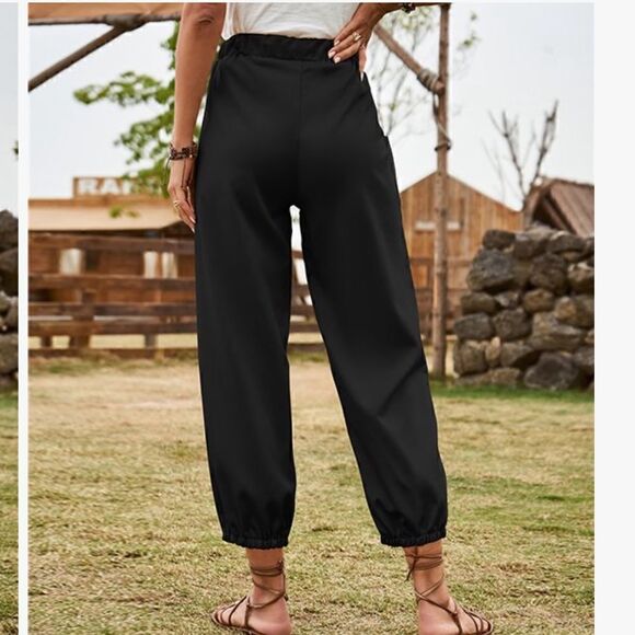 Black Pocket-Tie Waist, button accent lightweight cotton blend pants size L nwt - Picture 3 of 13